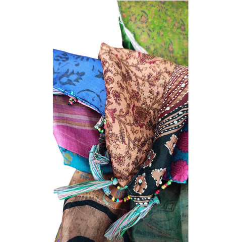 Mixed print patchwork silk stole – close-up of colourful silk patches