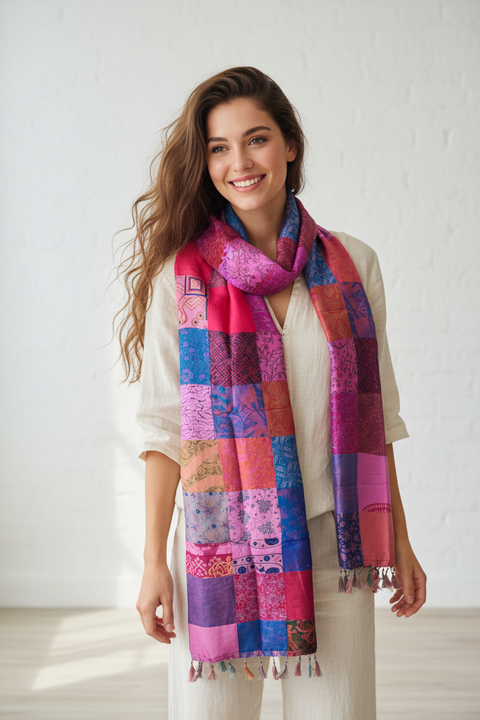 Pink Purple Patchwork Pure Silk Stole | Varanasi | 250x55 cm