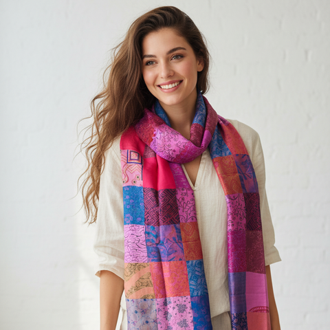 Pink Purple Patchwork Pure Silk Stole | Varanasi | 250x55 cm