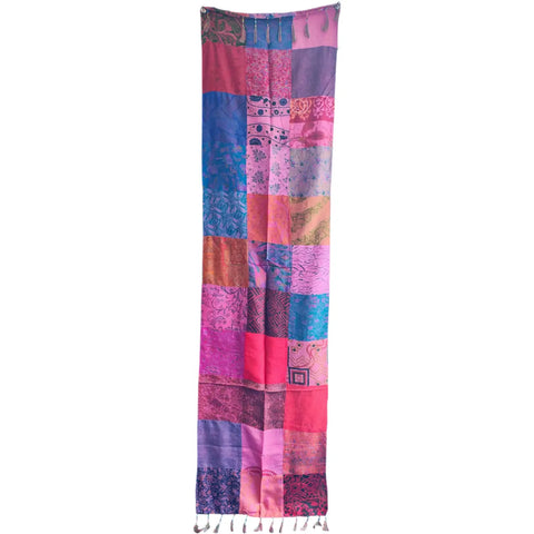 Pink purple patchwork pure silk stole from Varanasi – full hanging view