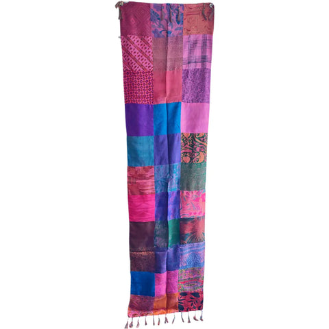Pink and purple Banarasi silk patchwork stole – close-up of silk patch detail