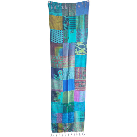 Blue teal green patchwork pure silk stole from Varanasi – full hanging view