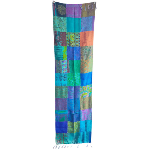 Jewel-tone patchwork silk stole in blue and teal – draped side view