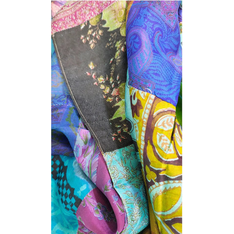 Blue green Banarasi silk patchwork stole – close-up of silk patch textures