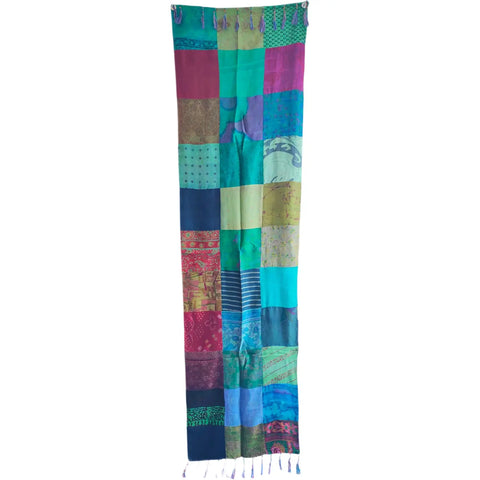 Teal blue red patchwork pure silk stole from Varanasi – full hanging view
