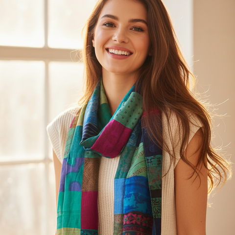 Teal Blue Red Patchwork Pure Silk Stole | Varanasi | 250x55 cm