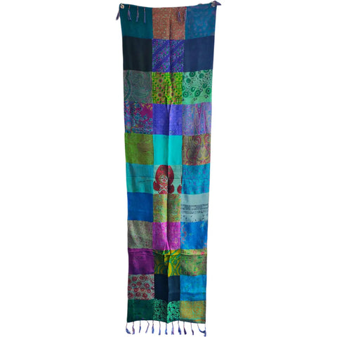 Bold teal and red Banarasi silk patchwork stole – detail view of silk patches