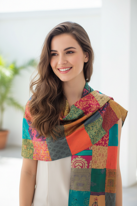 Orange Teal Patchwork Pure Silk Stole | Varanasi | 250x55 cm