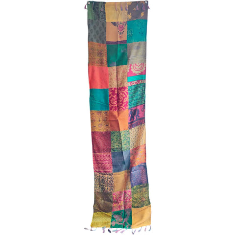 Orange teal patchwork pure silk stole from Varanasi – full hanging view