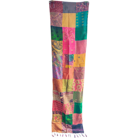 Orange and teal Banarasi silk patchwork stole – draped side view