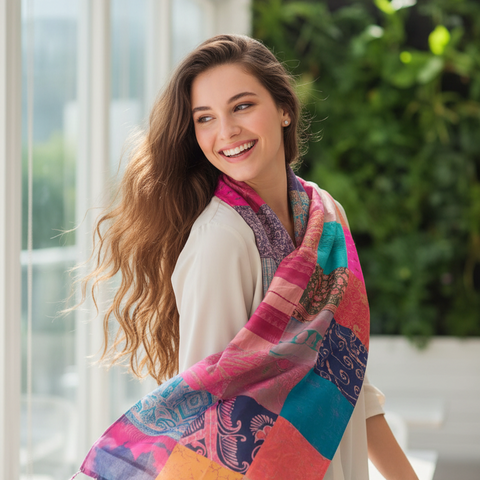 Pink Magenta Patchwork Pure Silk Stole | Varanasi | 250x55 cm