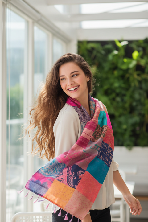 Pink Magenta Patchwork Pure Silk Stole | Varanasi | 250x55 cm