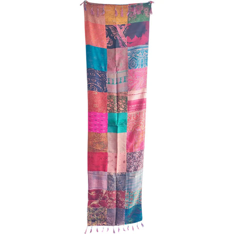 Pink magenta patchwork pure silk stole from Varanasi – full hanging view