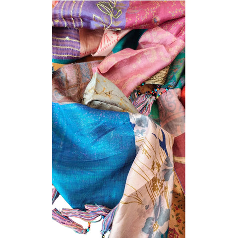 Pink and magenta mixed print silk stole – close-up of brocade patches
