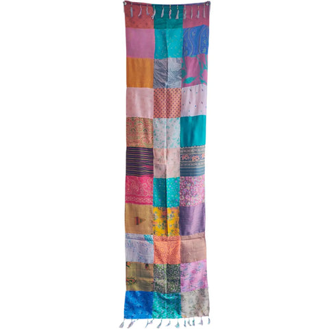 Pink teal orange patchwork pure silk stole from Varanasi – full hanging view