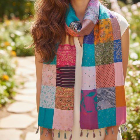 Pink Teal Orange Patchwork Pure Silk Stole | Varanasi | 250x55 cm