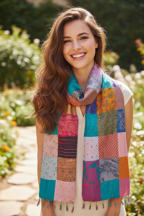 Pink Teal Orange Patchwork Pure Silk Stole | Varanasi | 250x55 cm