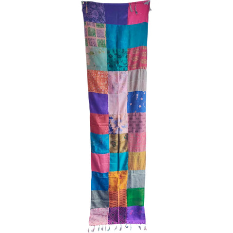 Multicolour patchwork silk stole in pink teal orange – side view