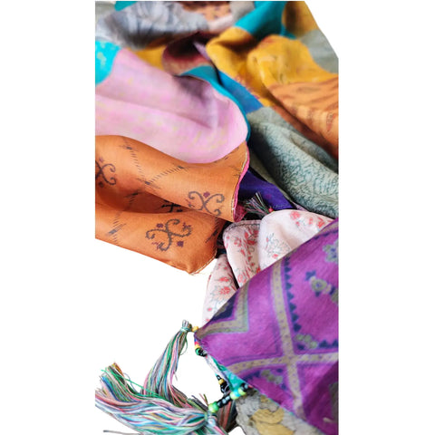 Festive mixed print Banarasi silk patchwork stole – close-up of patch detail