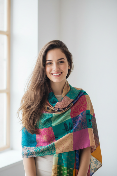 Teal Yellow Green Patchwork Pure Silk Stole | Varanasi | 250x55 cm