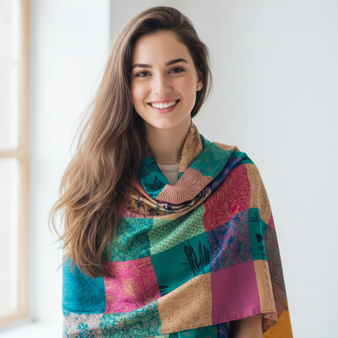 Teal Yellow Green Patchwork Pure Silk Stole | Varanasi | 250x55 cm