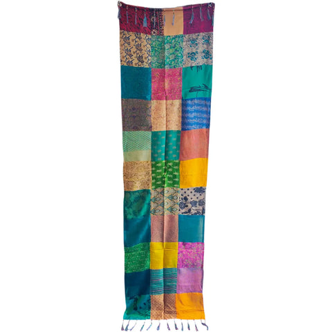 Teal yellow green patchwork pure silk stole from Varanasi – full hanging view