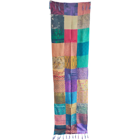 Earthy teal and yellow Banarasi silk patchwork stole – close-up detail view
