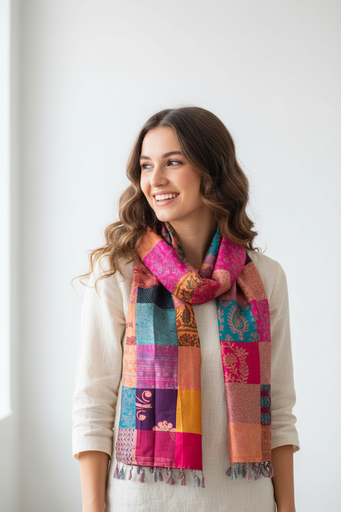 Peach Pink Purple Patchwork Pure Silk Stole | Varanasi | 250x55 cm