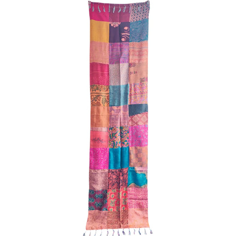 Peach pink purple patchwork pure silk stole from Varanasi – full hanging view