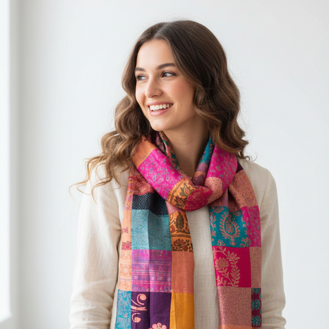 Peach Pink Purple Patchwork Pure Silk Stole | Varanasi | 250x55 cm