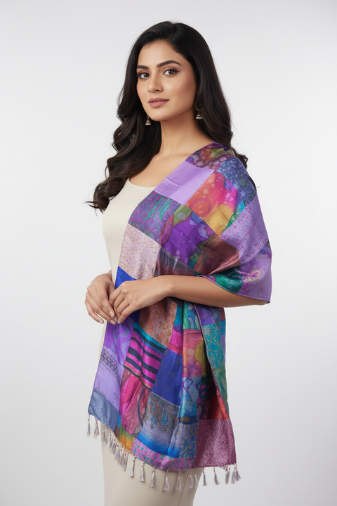 Purple Blue Patchwork Pure Silk Stole | Varanasi | 250x55 cm