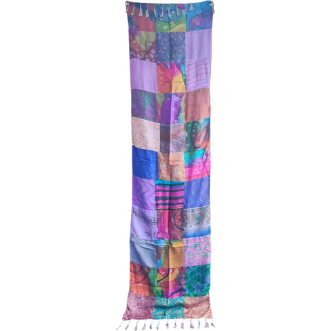 Purple blue patchwork pure silk stole from Varanasi – full hanging view
