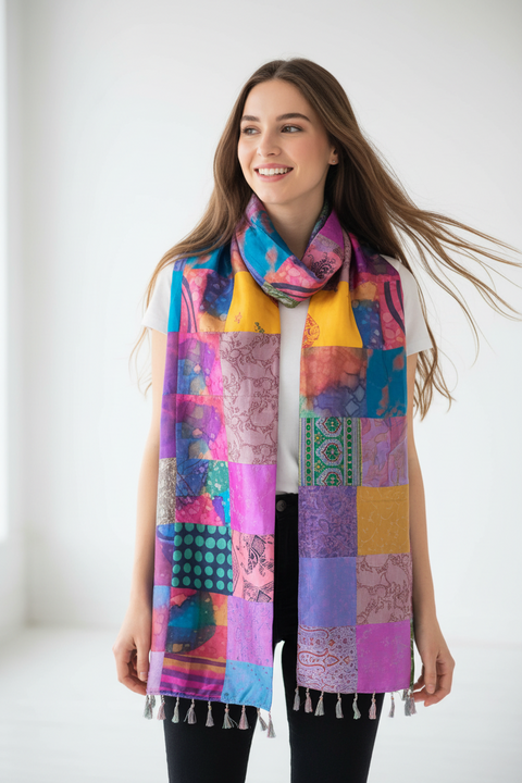 Purple Blue Patchwork Pure Silk Stole | Varanasi | 250x55 cm
