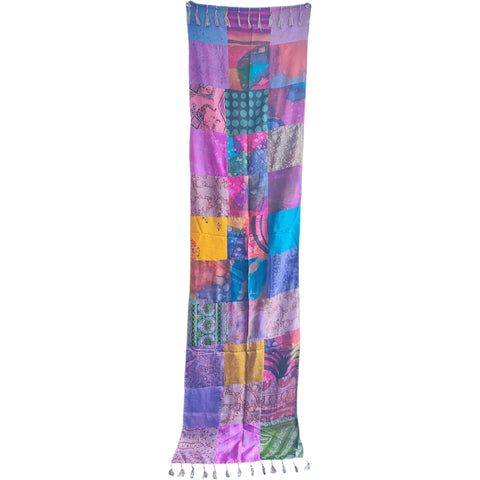 Regal purple and blue Banarasi silk patchwork stole – close-up of patch detail