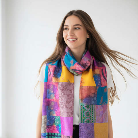 Purple Blue Patchwork Pure Silk Stole | Varanasi | 250x55 cm