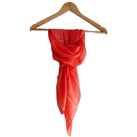 Red pure silk square scarf styled on shoulder — versatile women's silk hair scarf from Varanasi