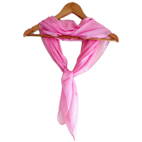 Pink solid pure silk square scarf tied on hanger — lightweight Varanasi silk hair scarf, 100×100 cm
