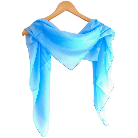 Sky blue pure silk square scarf draped on hanger — lightweight Varanasi silk hair scarf, 100×100 cm