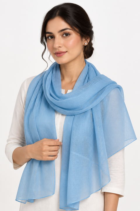 Sky Blue Solid Pure Silk Square Scarf | Varanasi Silk Hair Scarf 100x100 cm