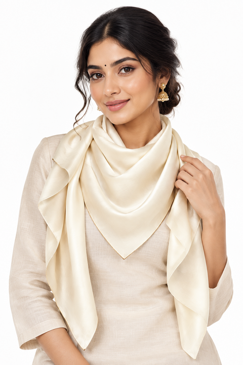 Cream Solid Pure Silk Square Scarf | Varanasi Silk Hair Scarf 100x100 cm