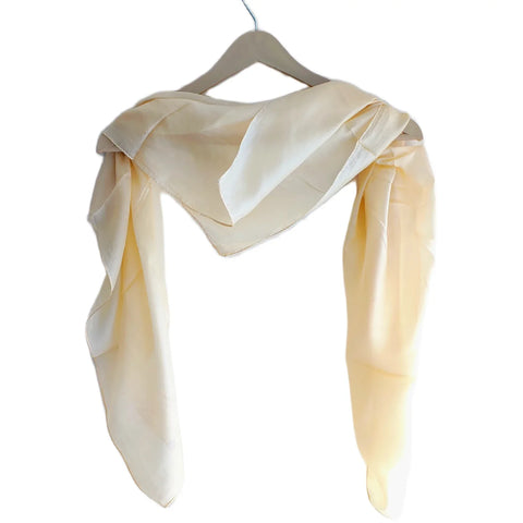 Cream pure silk square scarf draped on hanger — lightweight Varanasi silk hair scarf, 100×100 cm