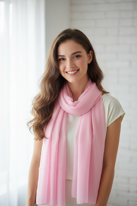 Baby Pink Solid Silk Stole | Lightweight Varanasi Silk Wrap for Women