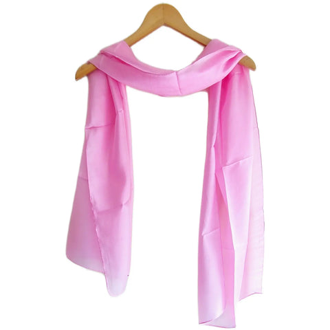 Baby pink solid silk stole draped on hanger — lightweight Varanasi pure silk wrap, 200x55 cm