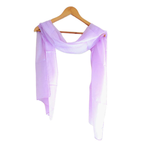 Close-up of lavender Varanasi silk stole — smooth plain weave silk, soft pastel drape