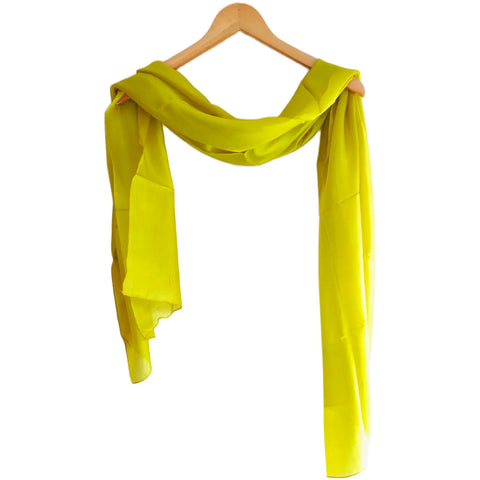 Lime green solid silk stole draped on hanger — lightweight Varanasi silk wrap for women, 200x55 cm