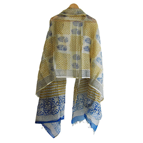 India Scarves Bagru Hand Block Floral kota Doria silk cotton Dupatta