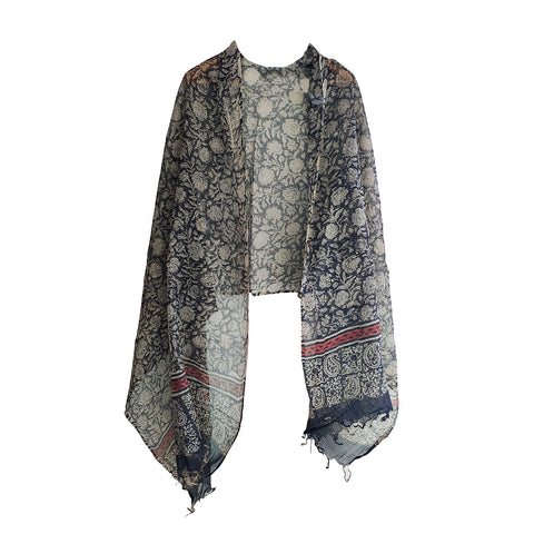 India Scarves Bagru Hand Block Floral kota Doria silk cotton Dupatta (Black)