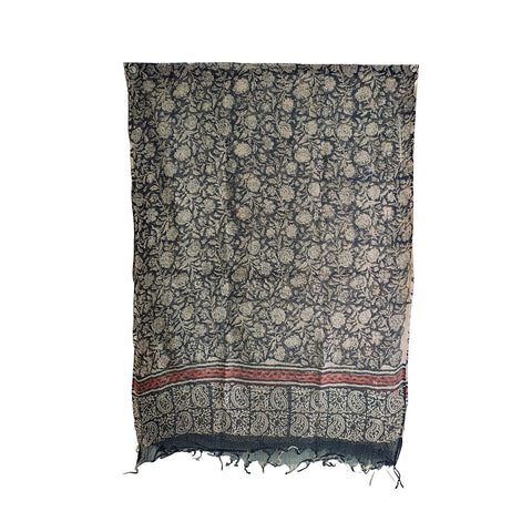 India Scarves Bagru Hand Block Floral kota Doria silk cotton Dupatta (Black)