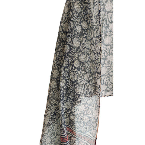 India Scarves Bagru Hand Block Floral kota Doria silk cotton Dupatta (Black)