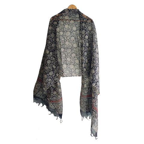 India Scarves Bagru Hand Block Floral kota Doria silk cotton Dupatta (Black)